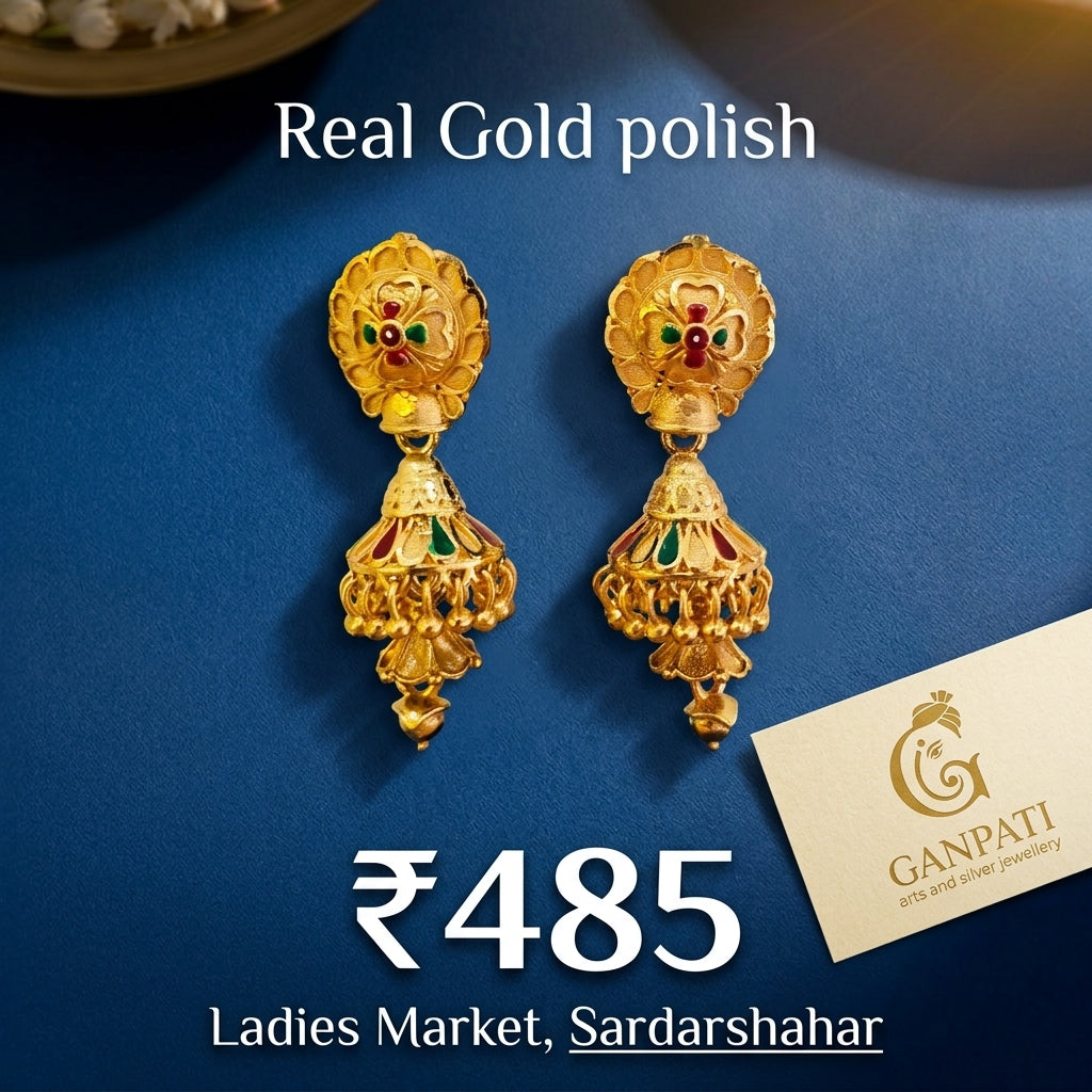 Traditional Gold Polish Jhumka Earrings (Meenakari Work)