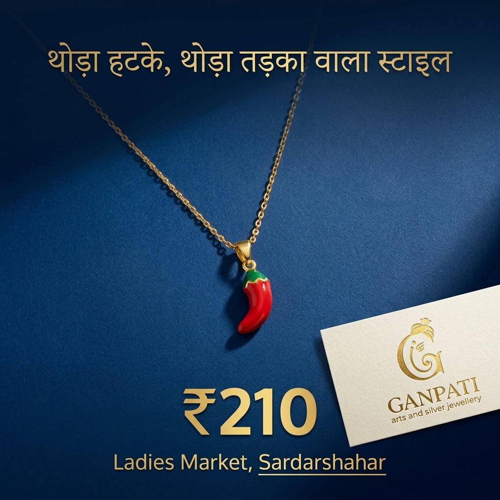 Red Chilli Charm Pendant Necklace (Gold Tone)
