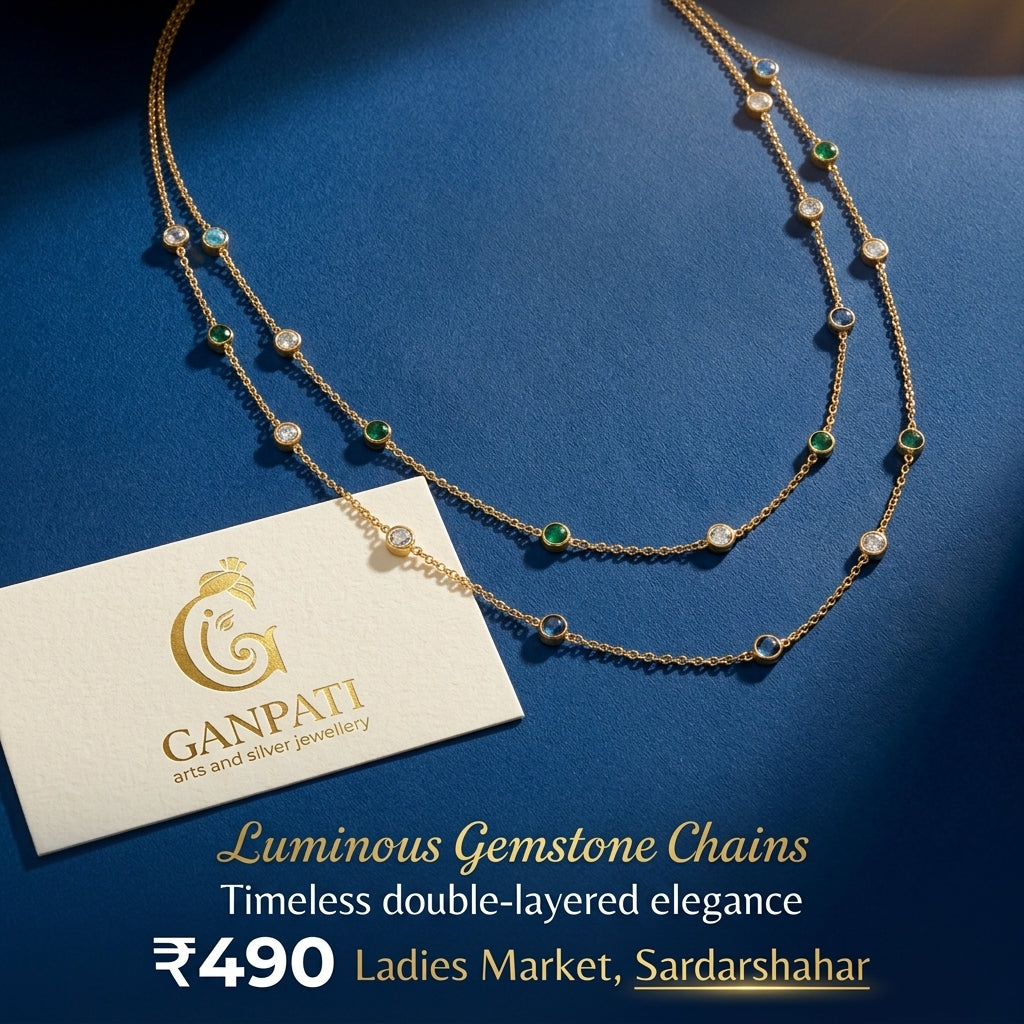 Dual Layer Stone Chain Necklace (Gold Tone)