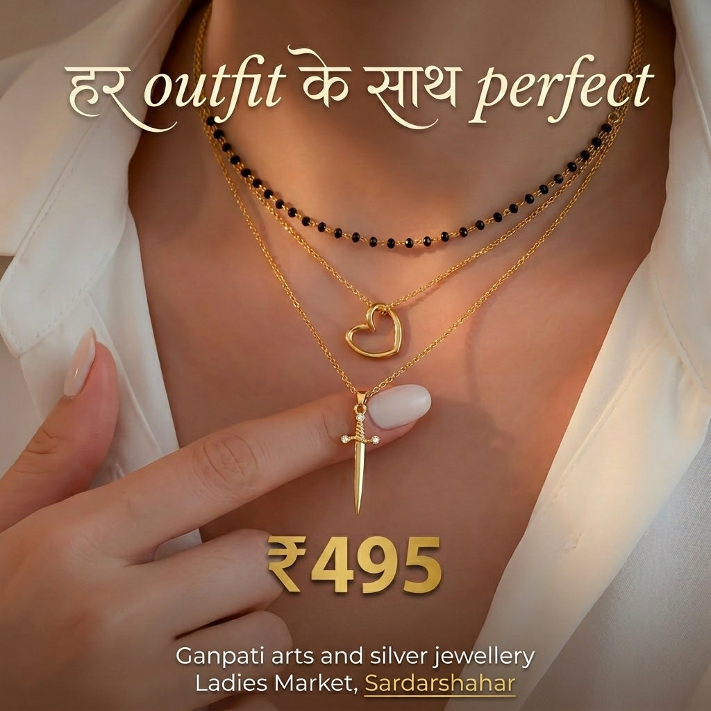 Layered Mangalsutra Style Heart & Dagger Pendant Necklace
