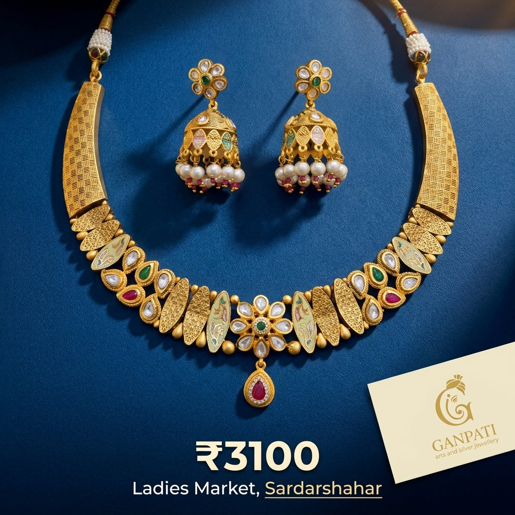 Traditional Gold Polish Necklace Set with Meenakari & Pearl Detailing