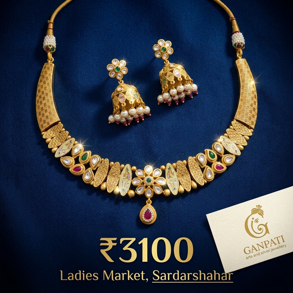 Traditional Gold Polish Necklace Set with Meenakari & Pearl Detailing