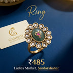 Traditional Kundan Style Floral Ring (Green Center Stone)