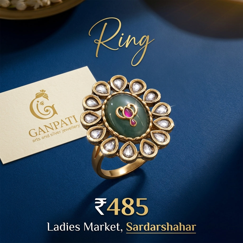 Traditional Kundan Style Floral Ring (Green Center Stone)