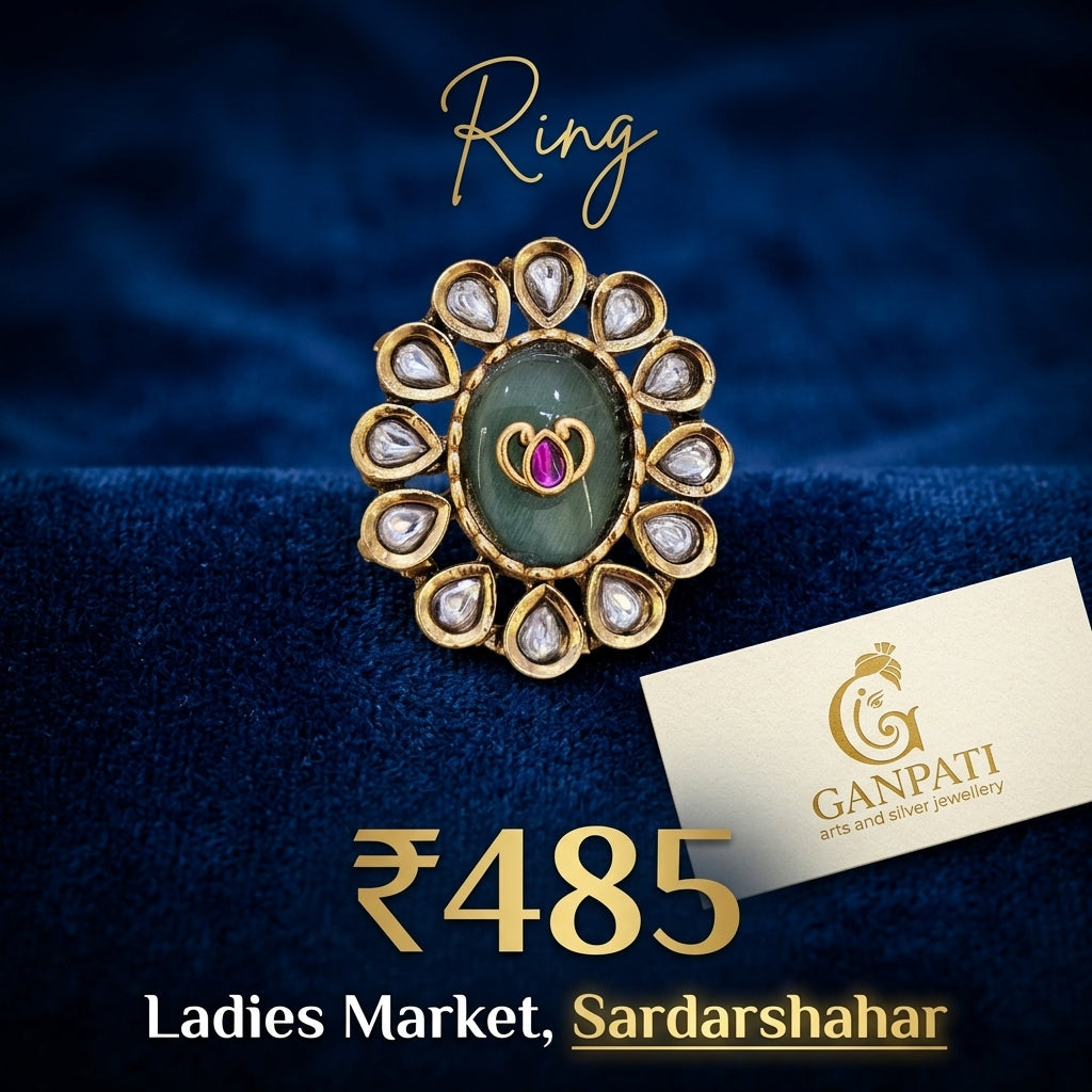 Traditional Kundan Style Floral Ring (Green Center Stone)
