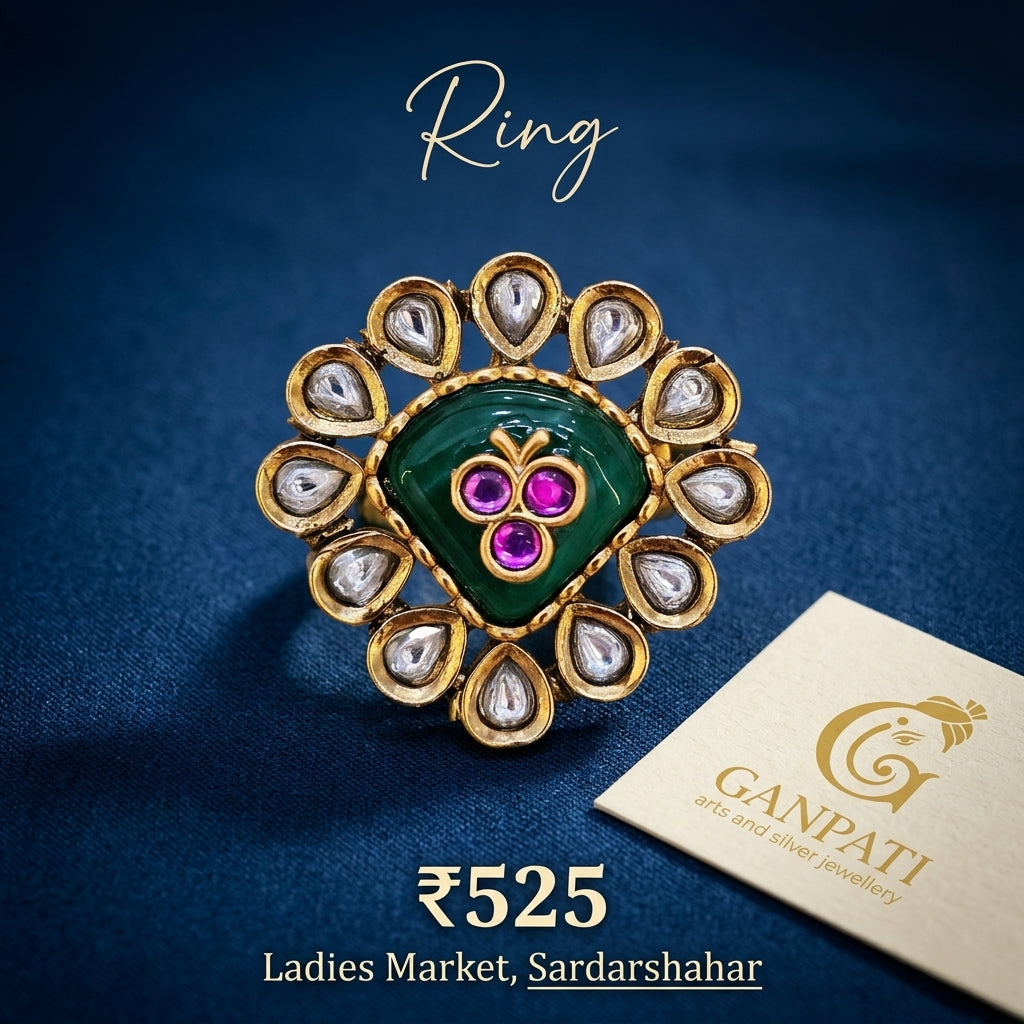 Traditional Kundan Style Designer Ring (Green Center Stone)