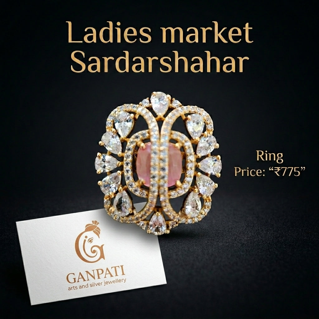 Designer Statement Ring with Pink Center Stone & AD Work