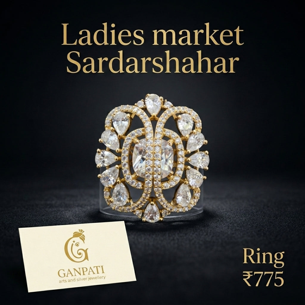 Real Gold Polish Designer Statement Ring (American Diamond Work)
