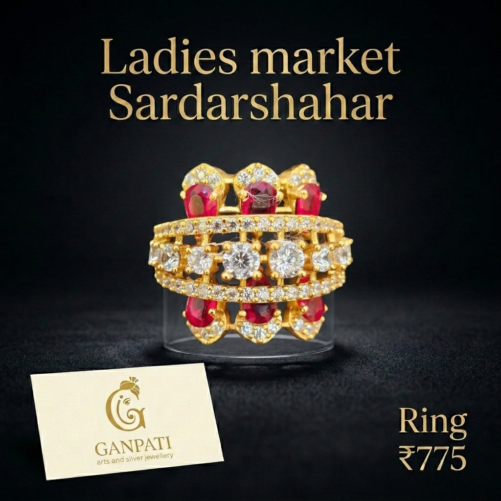 Real Gold Polish Designer Ring (Ruby Tone & American Diamond Work)