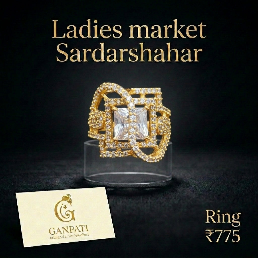 Real Gold Polish Designer Ring (Square Cut Stone & American Diamond Work)