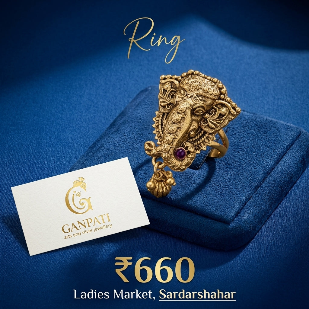 Gold Finish Lord Ganesha Designer Ring (Temple Style)
