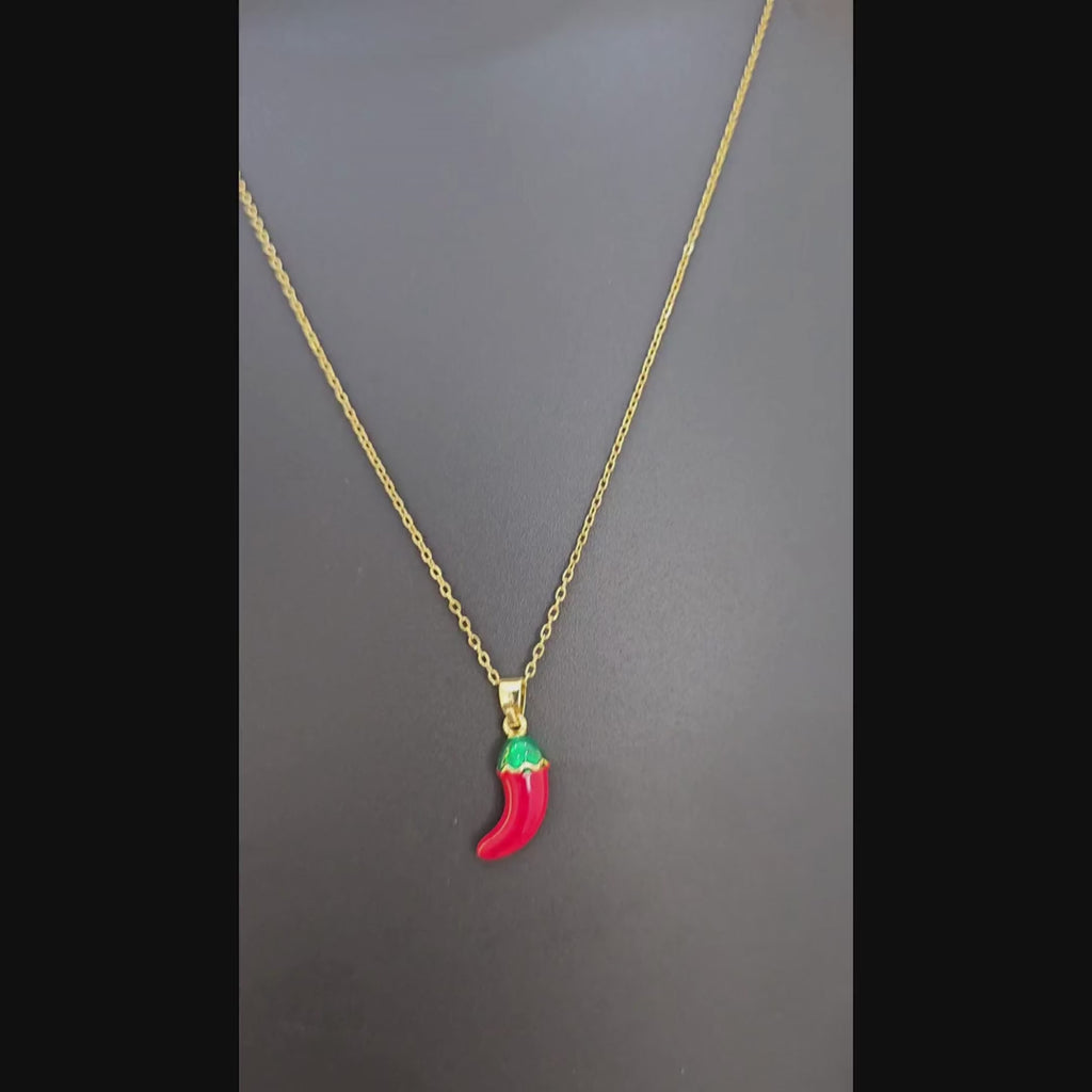 Red Chilli Charm Pendant Necklace (Gold Tone)