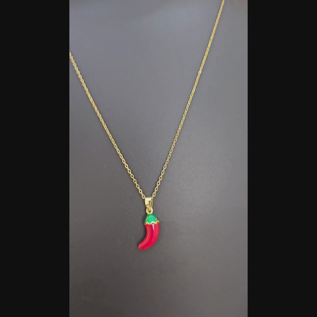 Red Chilli Charm Pendant Necklace (Gold Tone)