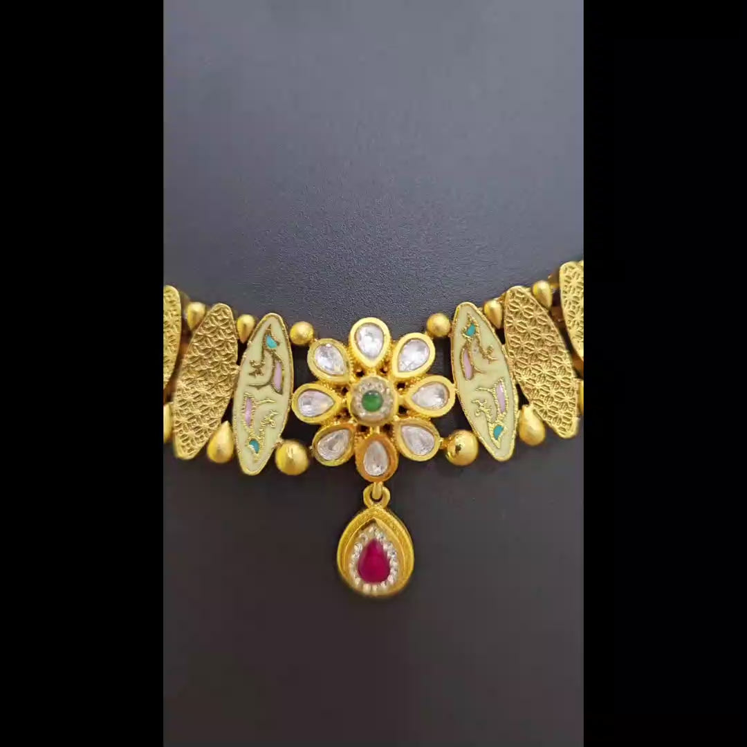 Traditional Gold Polish Necklace Set with Meenakari & Pearl Detailing