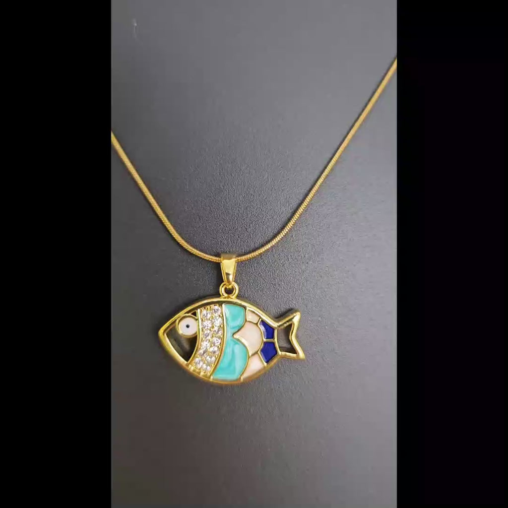 Evil Eye Fish Charm Pendant Necklace (Gold Tone)