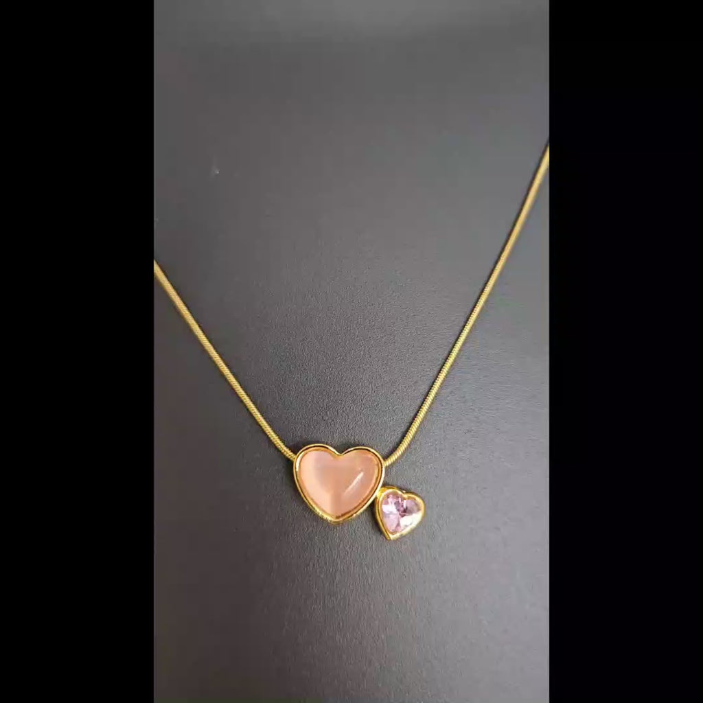 Double Heart Crystal Pendant Necklace (Gold Tone)