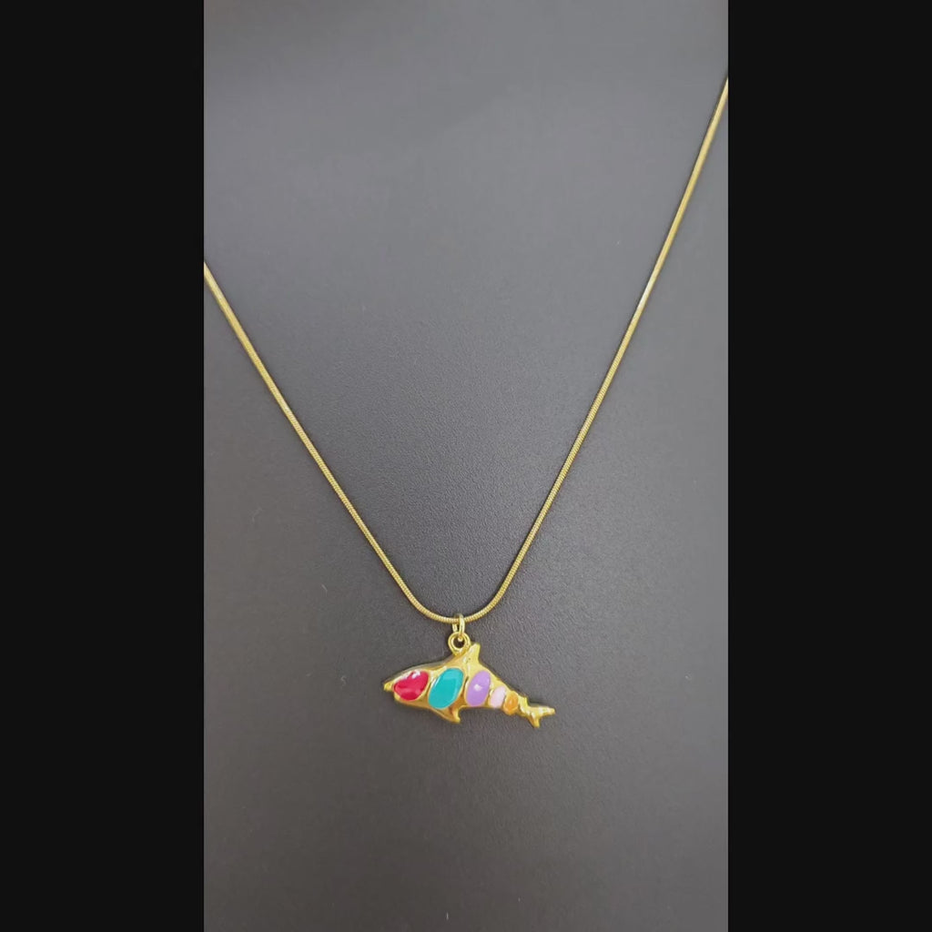 Multicolor Fish Charm Pendant Necklace (Gold Tone)