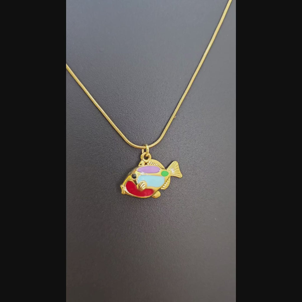 Multicolor Fish Charm Pendant Necklace (Gold Tone)