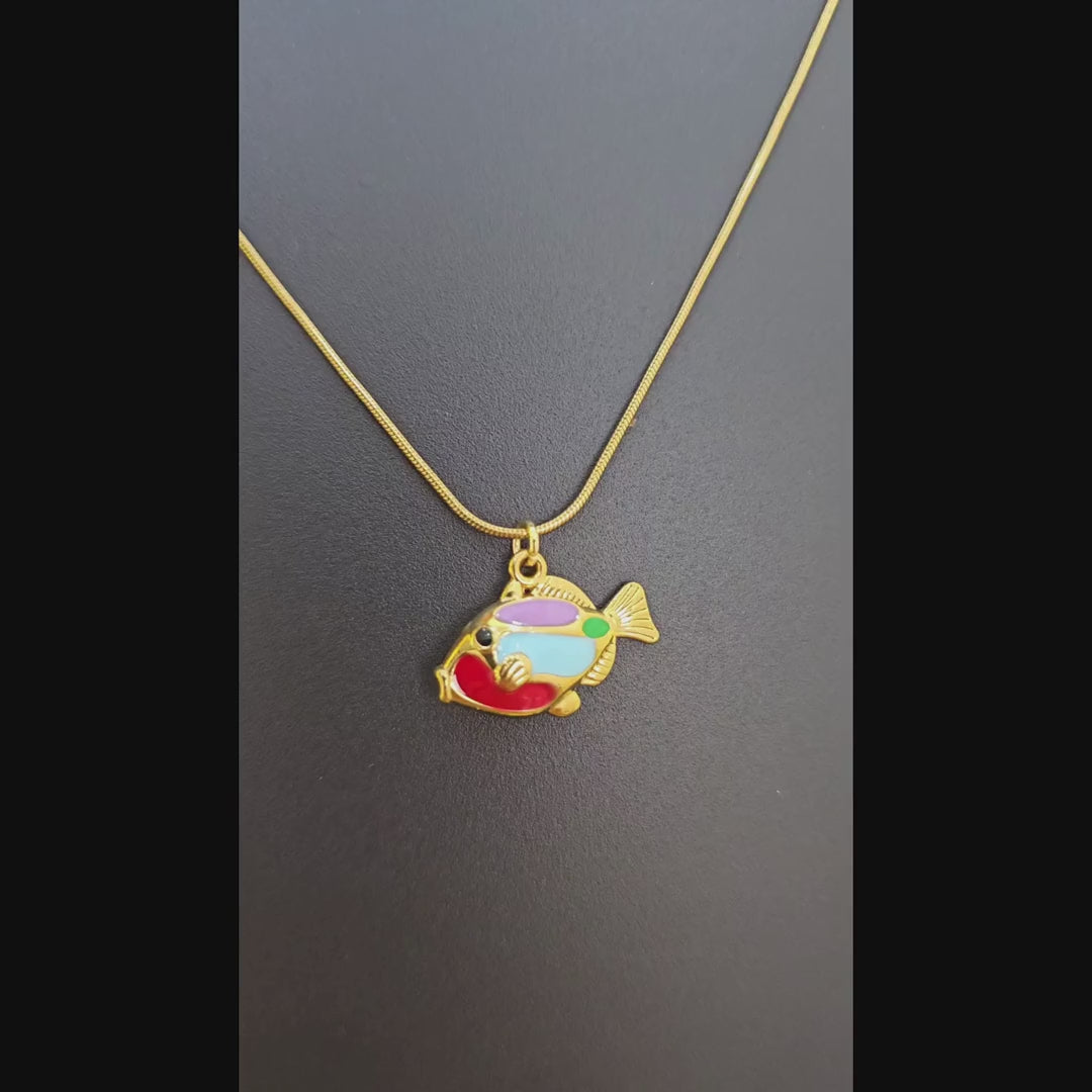 Multicolor Fish Charm Pendant Necklace (Gold Tone)
